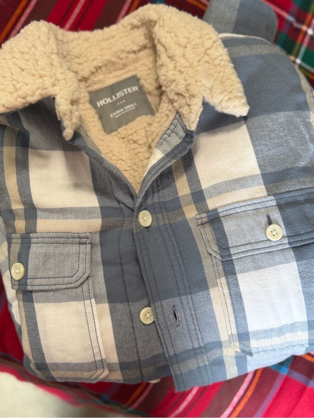 Hollister Blue and Cream Plaid Sherpa-Lined Jacket/ mens xs